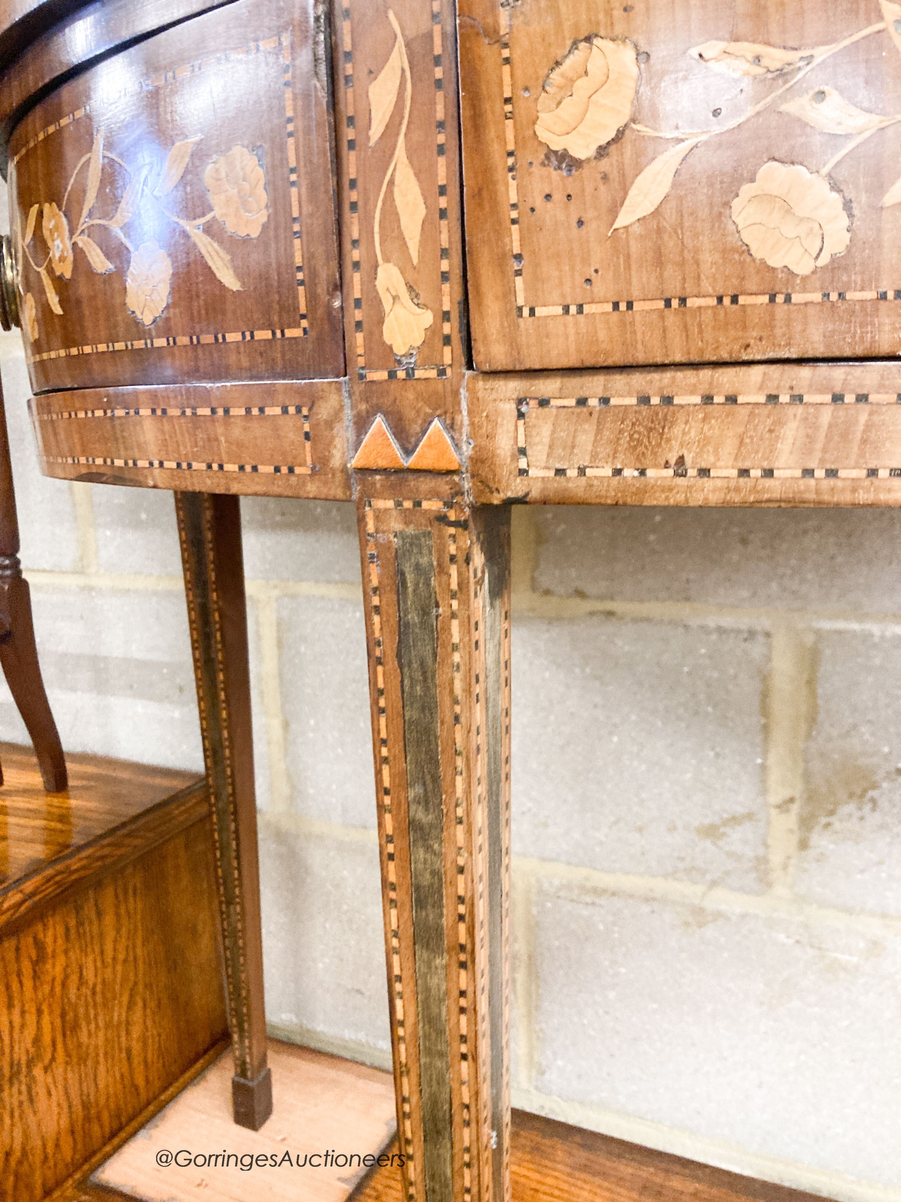 A 19th century Dutch marquetry walnut demi lune side table, width 76cm, depth 39cm, height 74cm